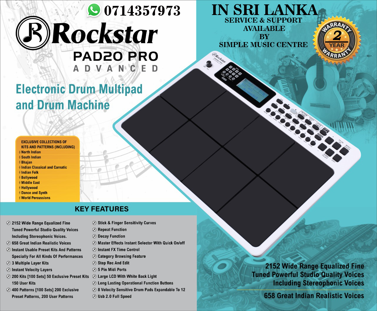 Rockstar PAD20 Pro Advanced Octapad (Electronic Drum Multi Pad & Drum Machine)-White
